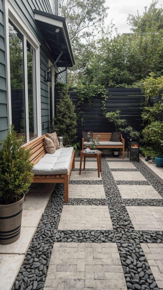 Modern backyard patio with wood benches, white cushions, black pebble grid pattern pavers, dark fence, and lush greenery