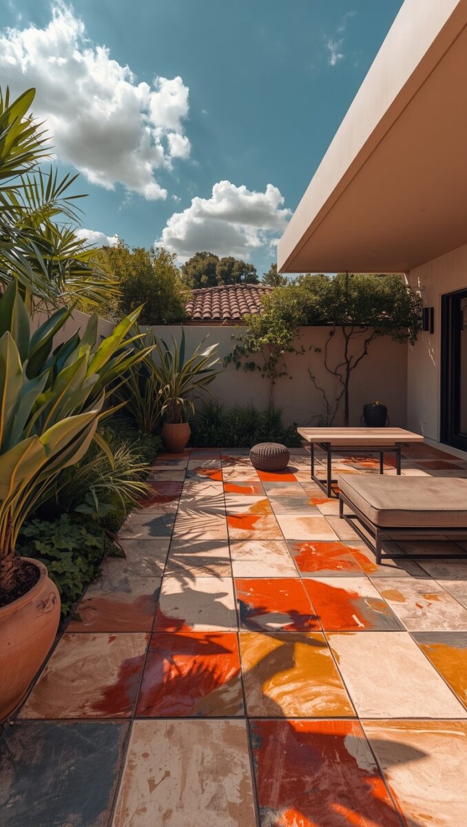 Colorful tiled patio with orange and beige mosaic floor, tropical plants, modern outdoor furniture, and blue sky