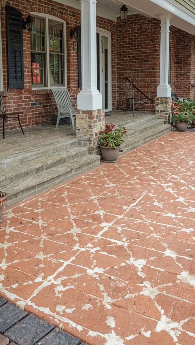 Deteriorating red brick paver driveway with peeling white mortar lines in front of classic brick house porch