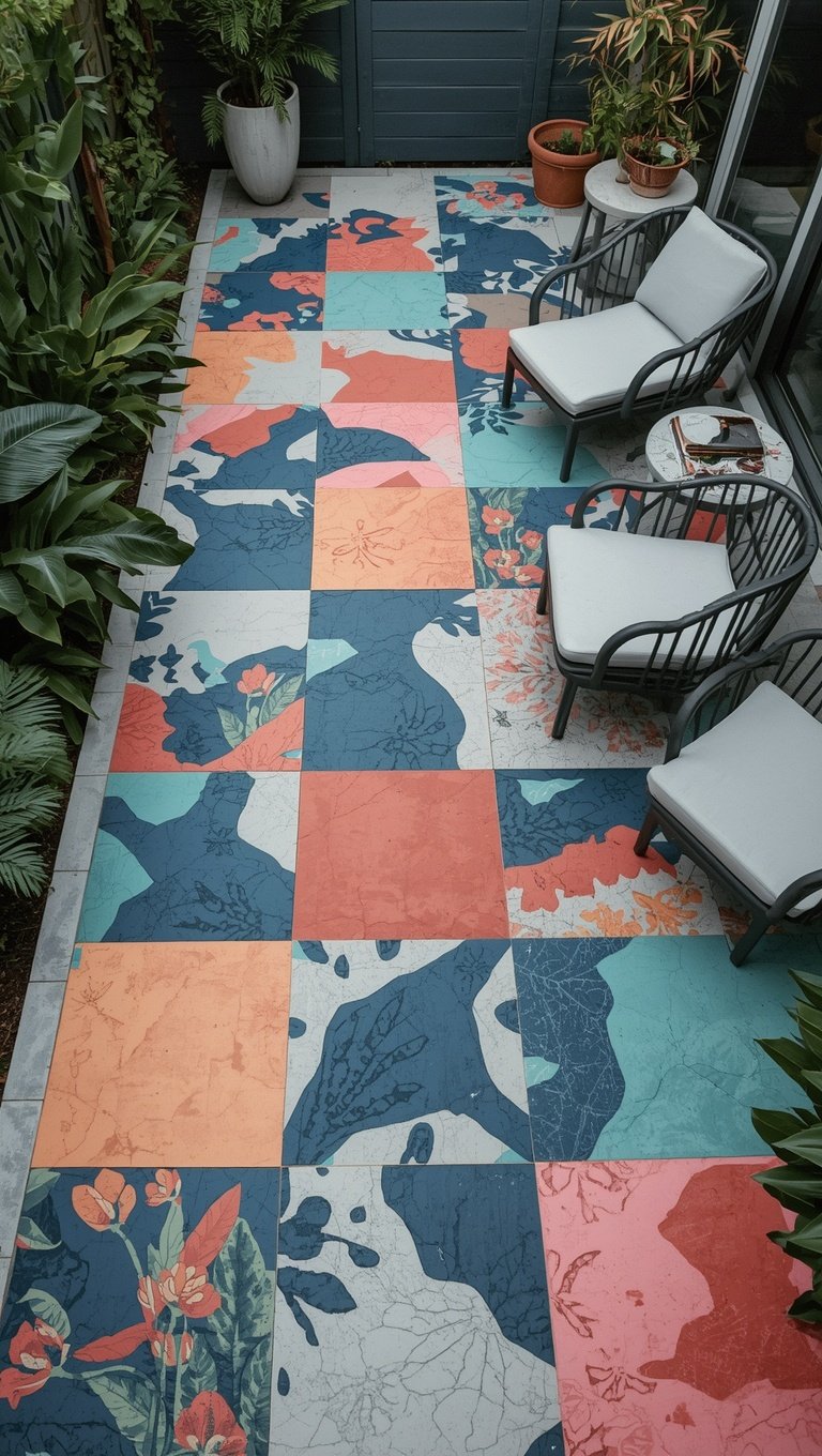 Colorful patterned outdoor patio with coral, teal, and navy botanical tiles, two metal chairs with white cushions