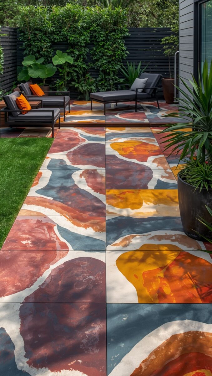 Modern outdoor patio with colorful abstract-patterned tiles in red, orange, yellow, and blue with black furniture