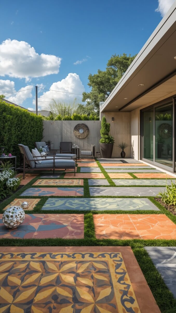 Modern outdoor patio with colorful decorative tile pavers separated by grass strips, lounge chairs, and contemporary home