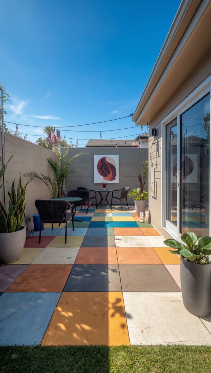 Colorful painted concrete patio with multicolored grid tiles, black outdoor furniture, potted plants, and string lights