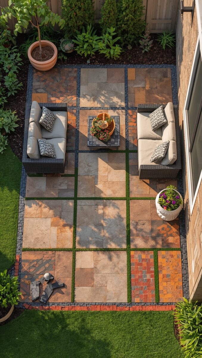 Aerial view of a backyard patio with mixed stone tiles, grass inlays, wicker furniture, and lush garden borders
