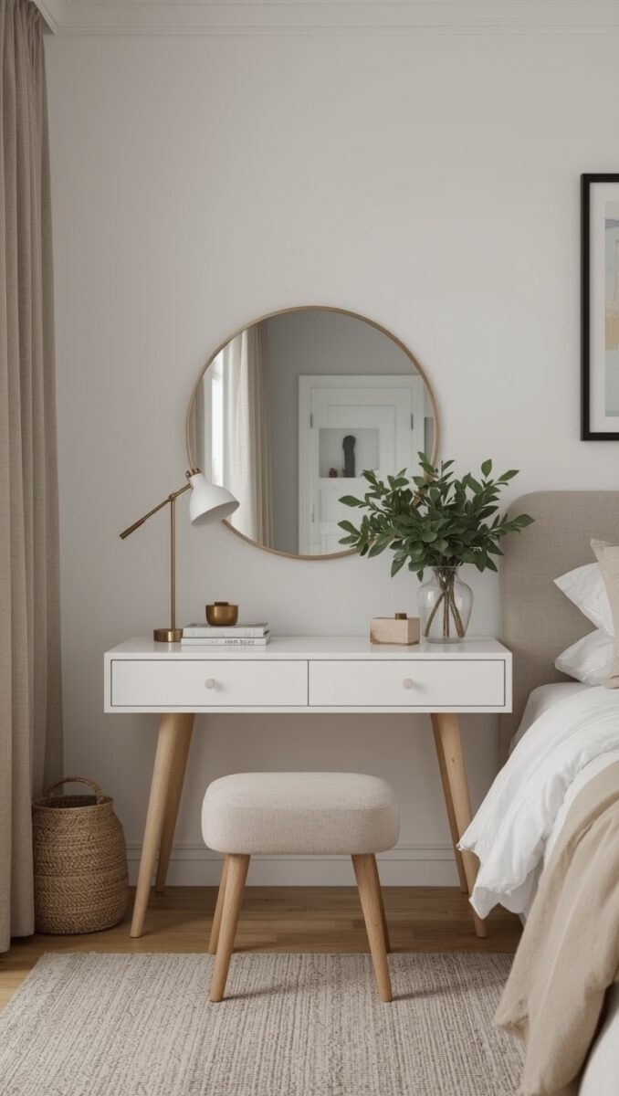 Minimalist white dressing table with round gold mirror, brass lamp, and green plant in a Scandinavian bedroom