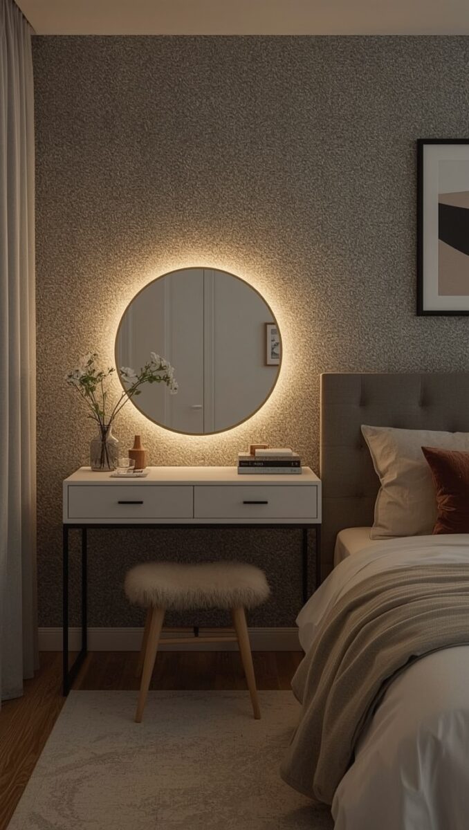 Modern bedroom vanity with backlit round mirror, white two-drawer desk, fluffy stool, and warm ambient lighting