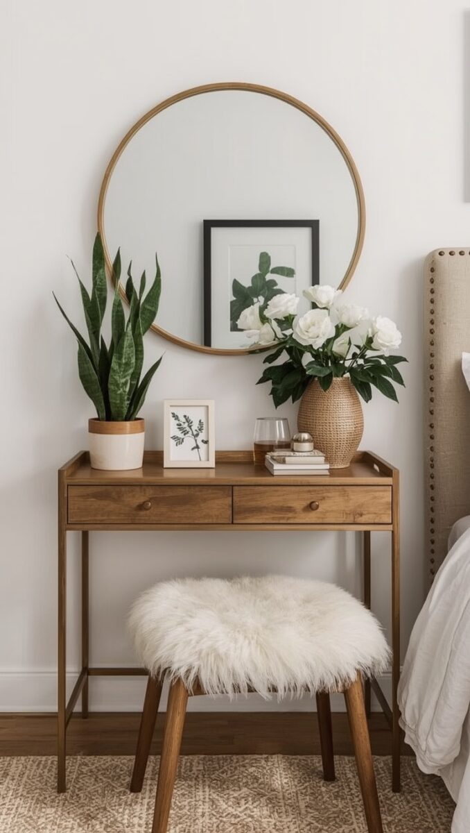 Wooden vanity table with round gold mirror, snake plant, white roses in wicker vase, and fluffy stool in neutral bedroom