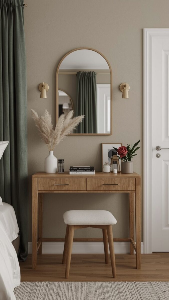 Minimalist wooden vanity desk with arched mirror, pampas grass, gold wall sconces, and small stool in beige bedroom