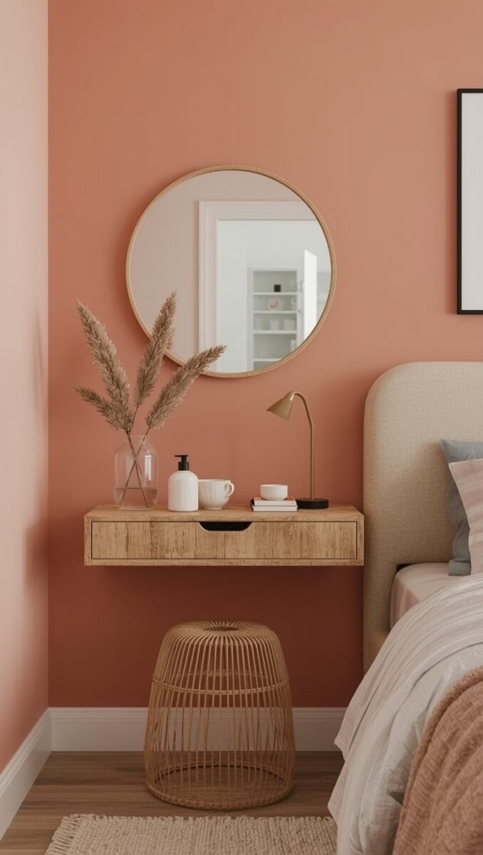 Boho bedroom corner with terracotta walls, floating wood nightstand, round mirror, pampas grass, and rattan stool