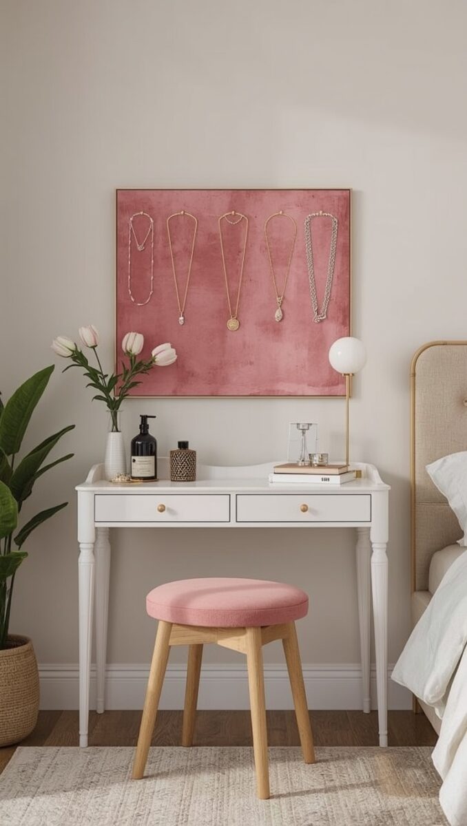 White vanity desk with pink stool, necklace display board, tulips, and gold lamp in a bedroom