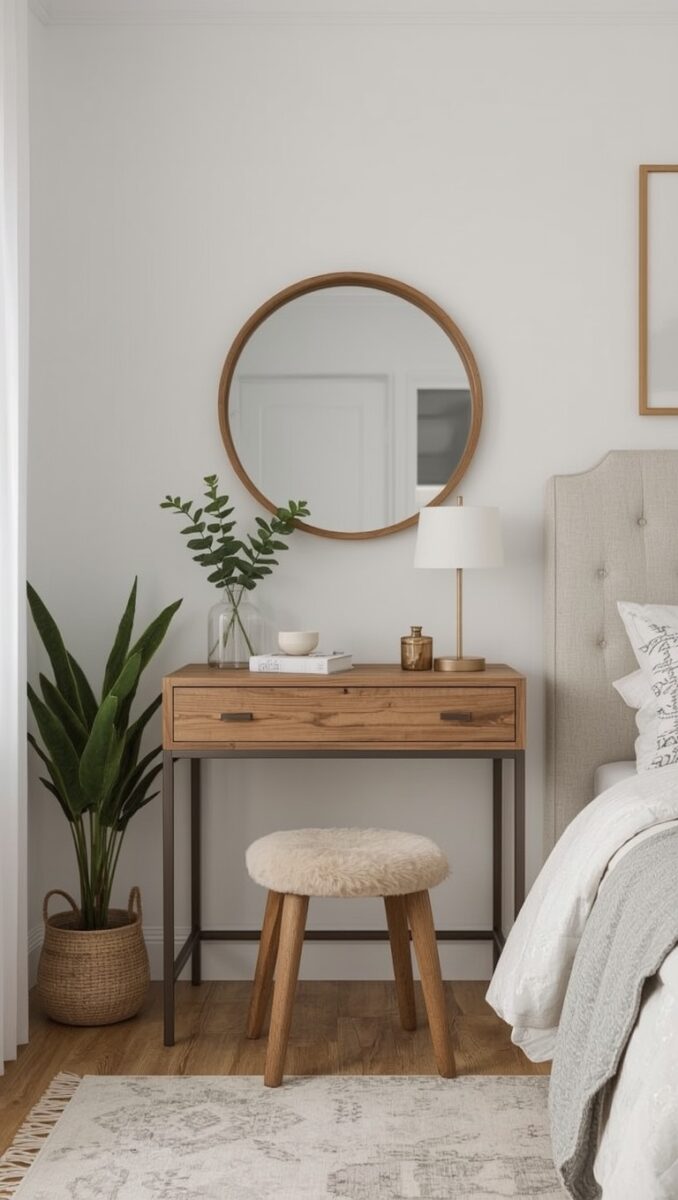 Minimalist bedroom vanity with wooden desk, round mirror, fluffy stool, small lamp, and potted plant on hardwood floor