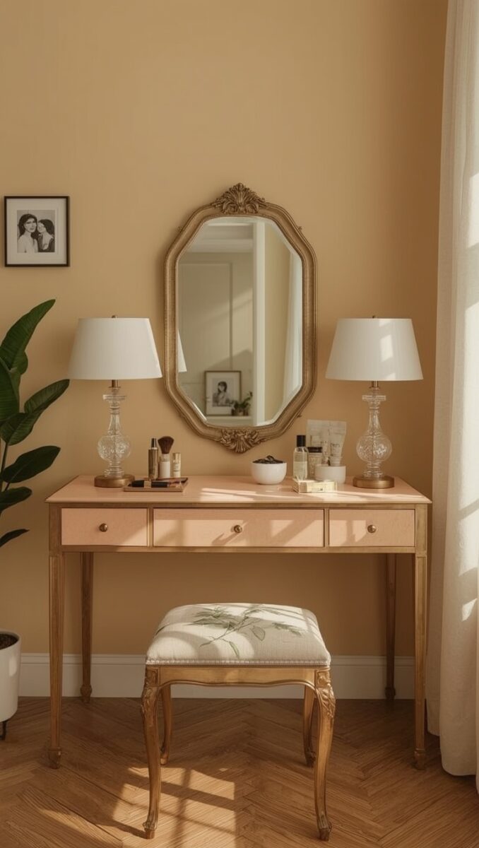 Elegant gold and peach vanity dressing table with ornate mirror, crystal lamps, and beauty products in warm-toned bedroom