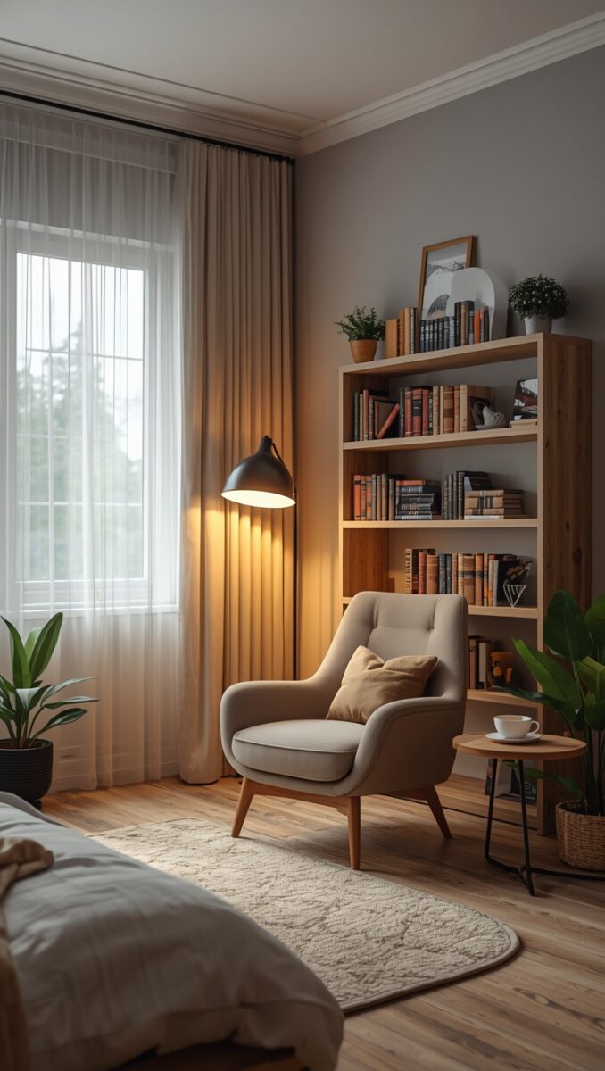 Cozy bedroom reading nook with beige armchair, floor lamp, wooden bookshelf filled with books, and houseplants