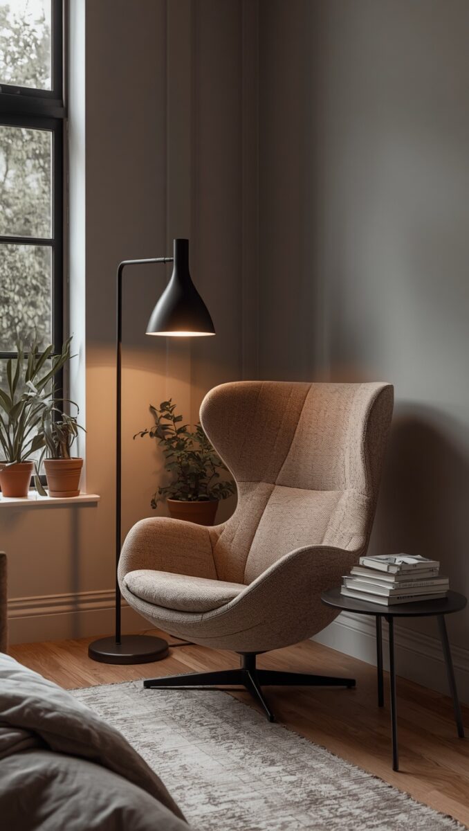 Modern beige egg chair beside black floor lamp and small side table with books in cozy bedroom corner