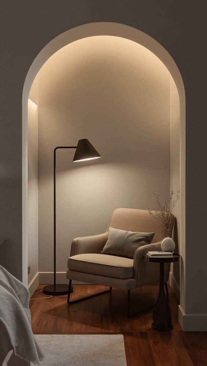 Cozy reading nook with beige armchair, black floor lamp, and small side table inside a white arched alcove with warm lighting