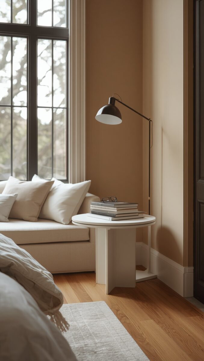 Minimalist bedroom corner with white side table, stacked books, glasses, floor lamp, and cream sofa near large window