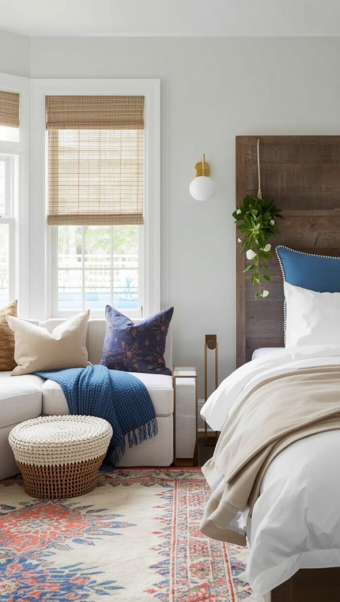 Cozy bedroom with rustic wood headboard, white bedding, blue throw pillows, woven bamboo shades, and patterned area rug