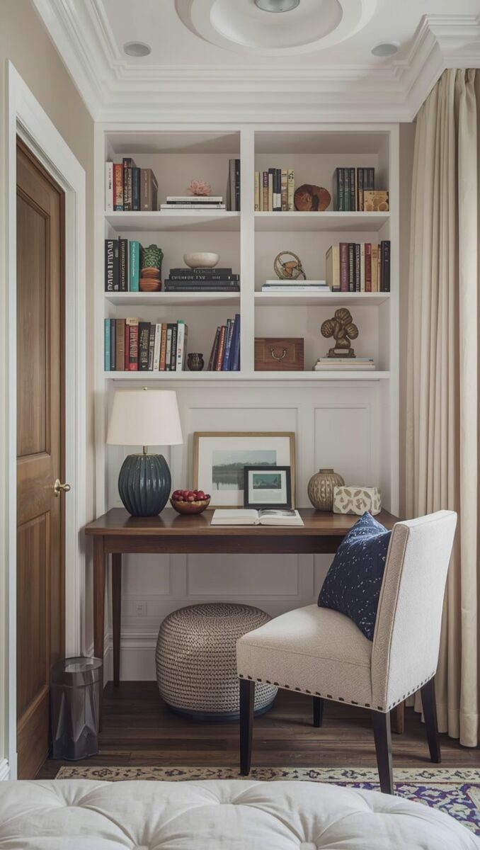 Cozy built-in home office nook with white shelves, wooden desk, upholstered chair, and decorative books