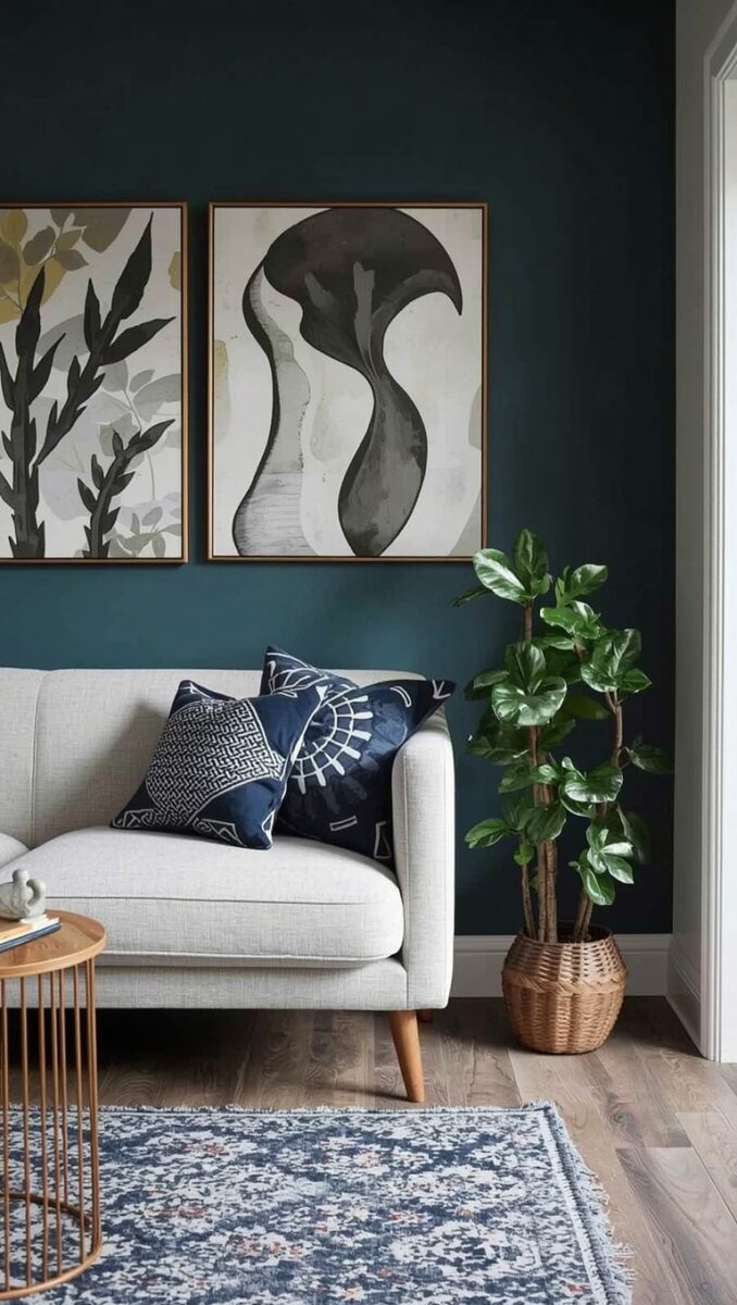 Modern living room with teal accent wall, white sofa, navy throw pillows, botanical wall art, and fiddle leaf fig plant