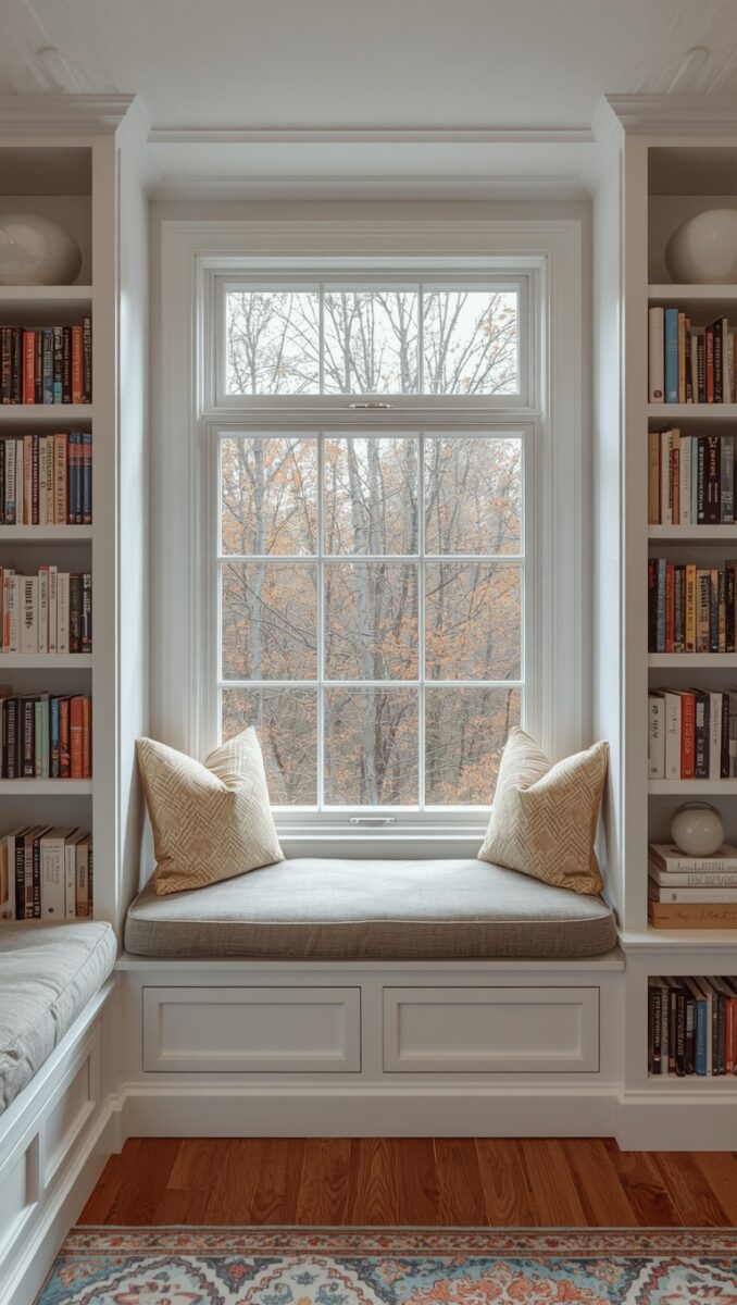 Cozy built-in window seat with beige cushions and throw pillows flanked by white bookshelves filled with books