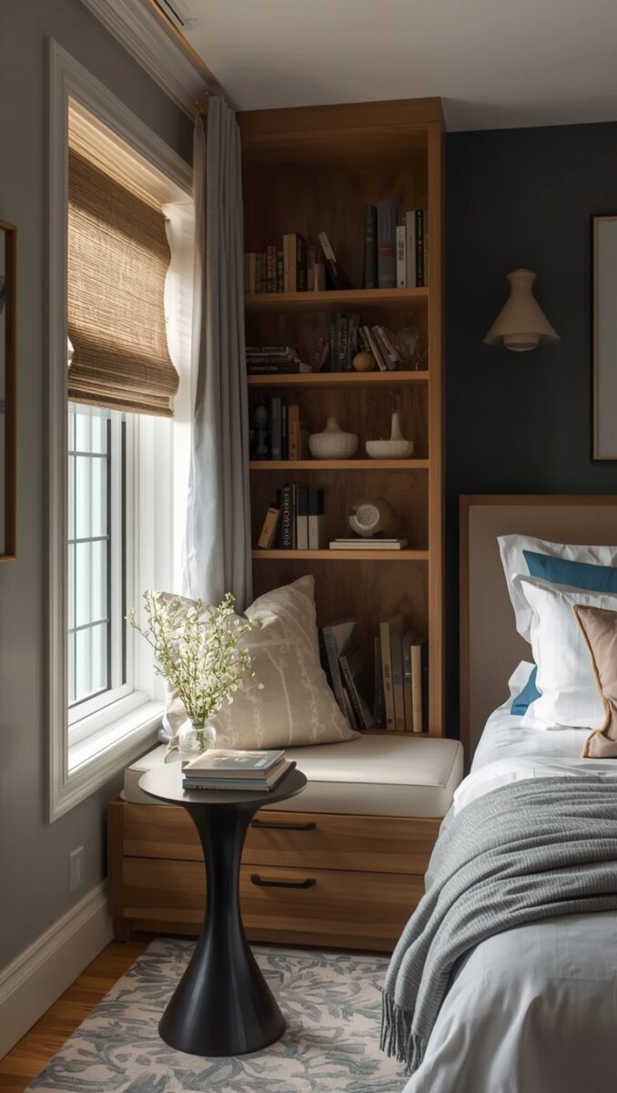 Cozy bedroom corner with built-in wooden bookshelf, window seat with storage drawers, small black side table, and neatly made bed