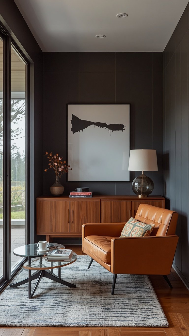 Mid-century modern living room with cognac leather chair, walnut sideboard, abstract wall art, and dark paneled walls