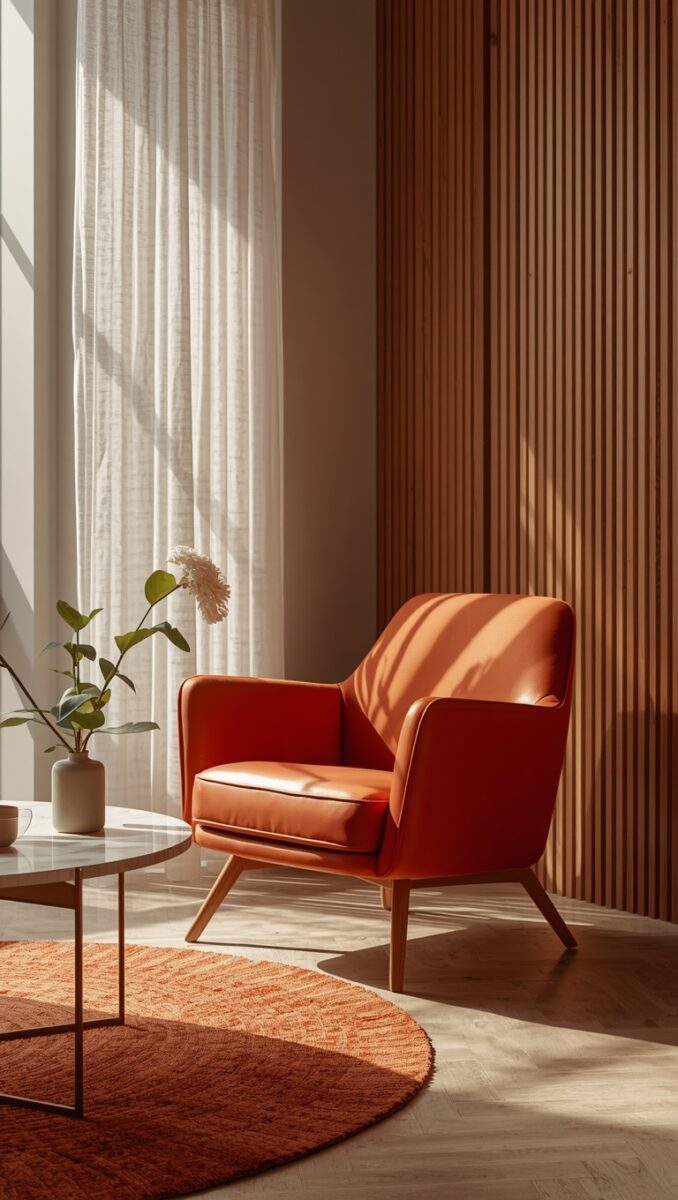 Modern orange leather armchair with wooden legs beside a marble side table in a sunlit Scandinavian living room