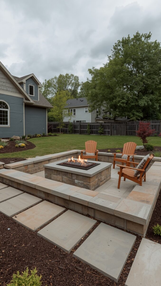 Backyard patio with square stone fire pit, two orange Adirondack chairs, large paver stones, and green lawn