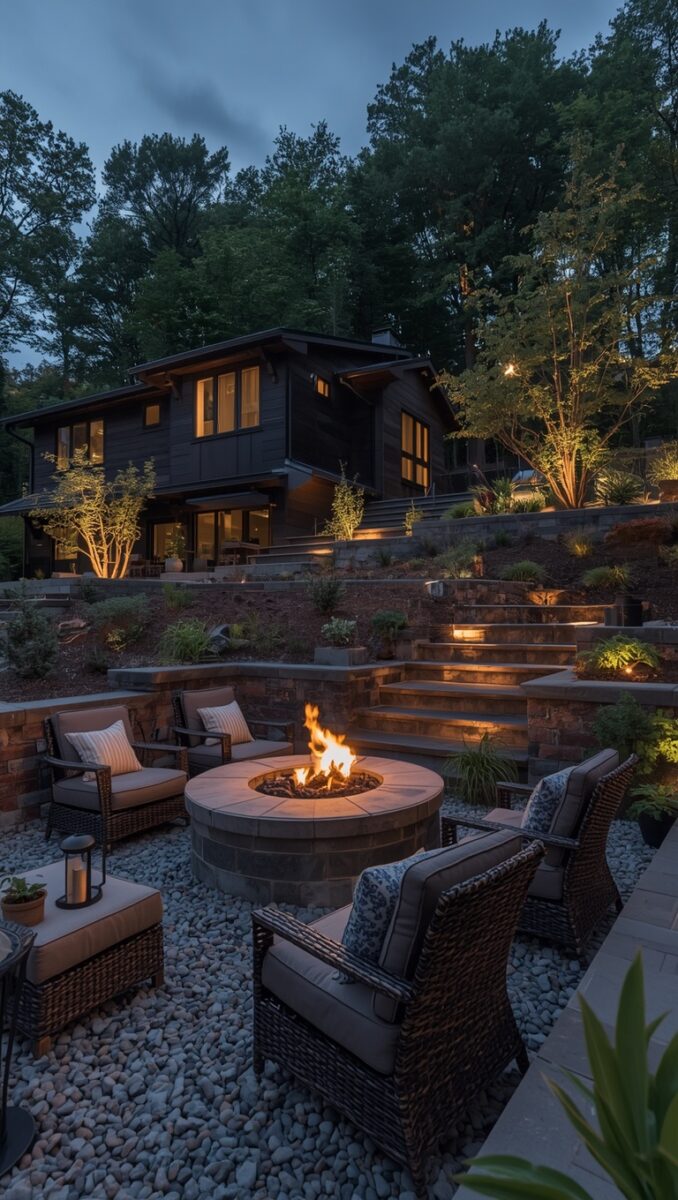 Terraced backyard patio with round stone fire pit, wicker chairs, gravel ground cover, lit steps, and dark modern home at dusk