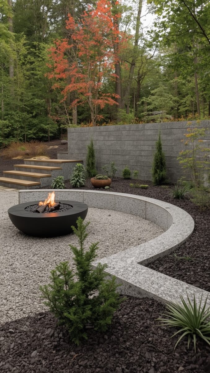 Modern backyard fire pit area with curved granite seating wall, white gravel patio, evergreen shrubs, and forest backdrop