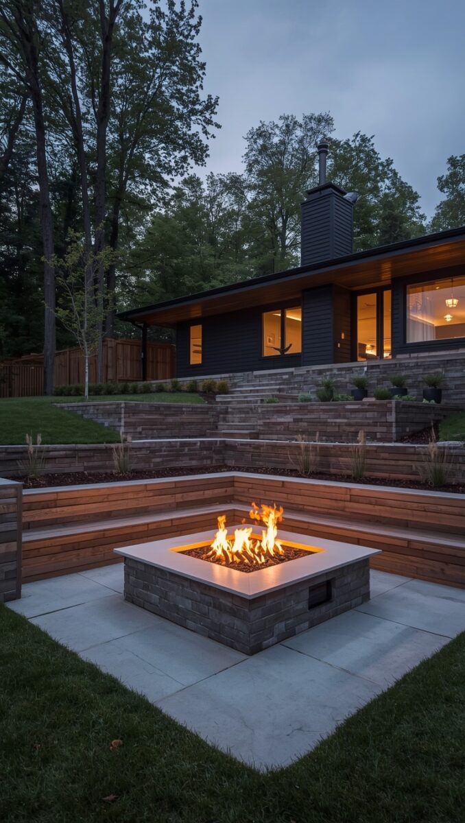 Modern backyard patio with square stone fire pit, built-in wood bench seating, terraced retaining walls, and contemporary dark home at dusk