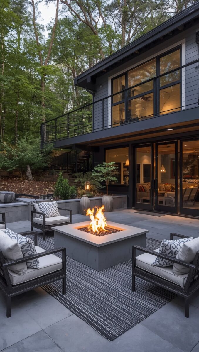 Modern backyard patio with square concrete fire pit, dark wood outdoor chairs, white cushions, and two-story home backdrop