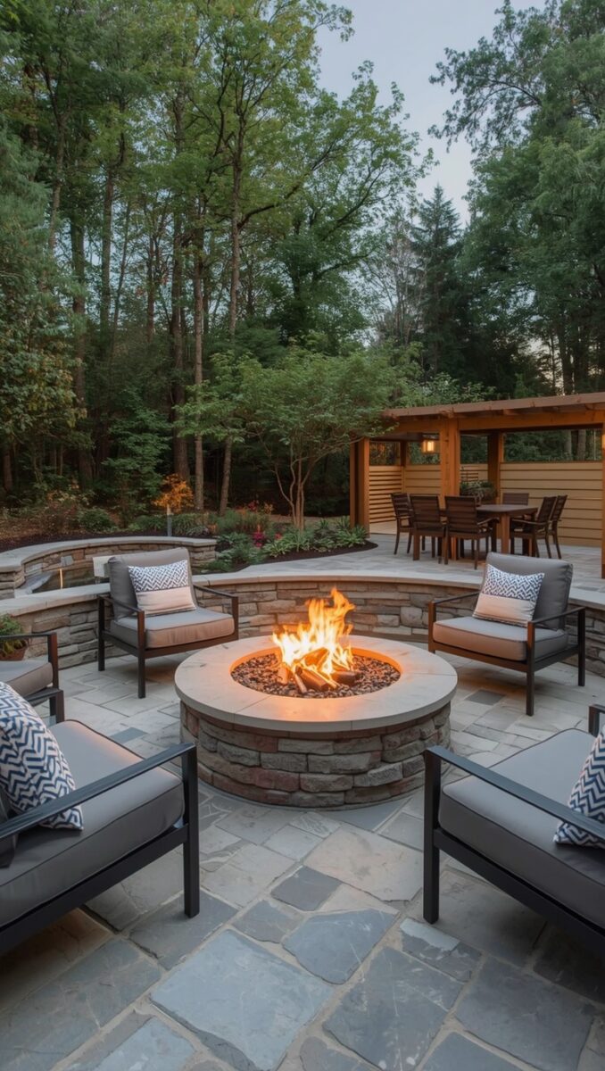 Elegant backyard patio with round stone fire pit, modern outdoor chairs, and pergola dining area surrounded by trees