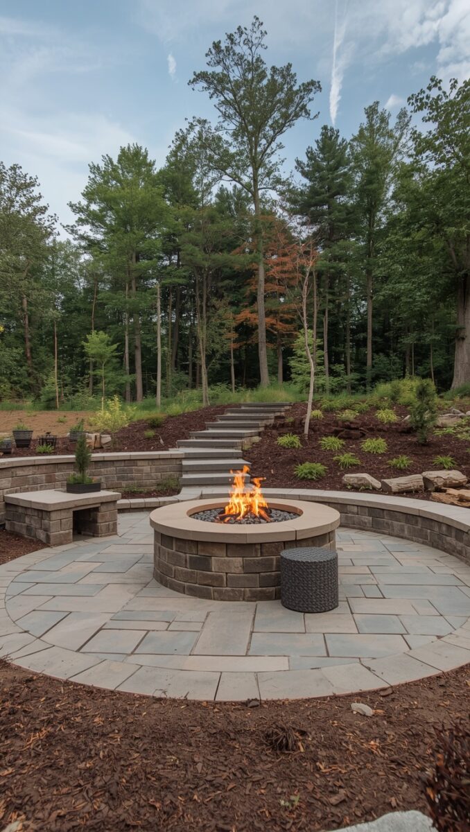Circular stone patio with a round brick fire pit burning, surrounded by curved seating walls and wooded landscape