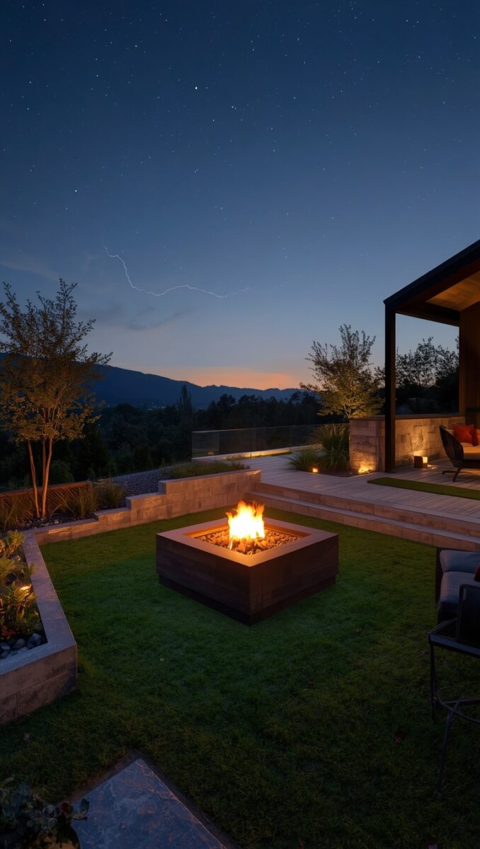 Modern outdoor patio with square fire pit burning at night, mountain views and starry sky in background