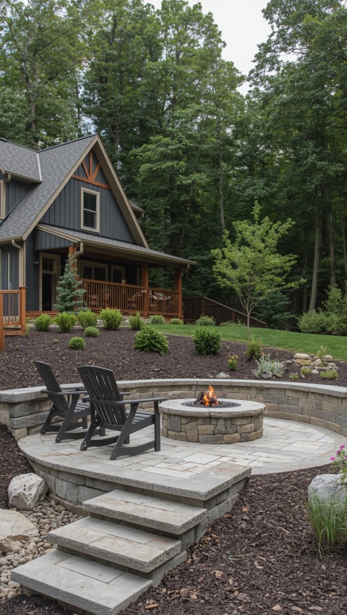 Craftsman home backyard with circular stone patio, built-in fire pit, Adirondack chairs, and wooded landscaping