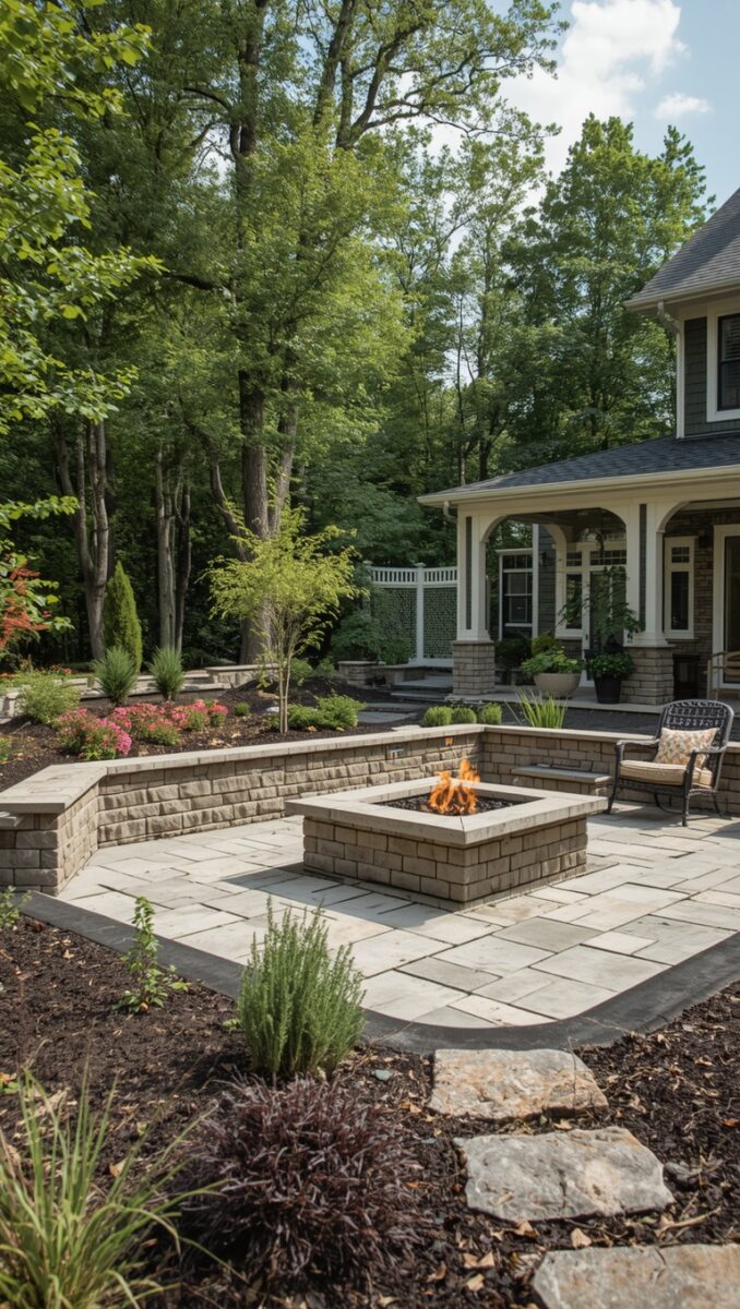 Backyard patio with square stone fire pit, retaining wall seating, flagstone pavers, and lush landscaped garden