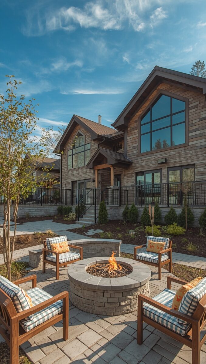 Stone patio with circular fire pit surrounded by wood-framed chairs with plaid cushions in front of a modern stone house