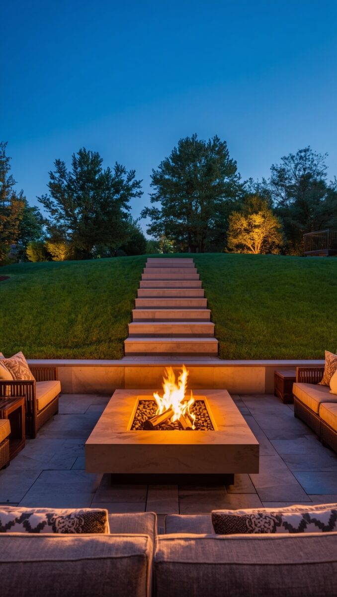 Elegant outdoor patio with square stone fire pit, cushioned seating, stone steps leading up a grassy hill at dusk