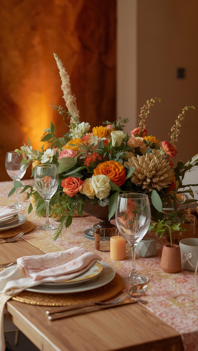 Elegant dining table with floral centerpiece of orange roses, dahlias, and white blooms with crystal wine glasses
