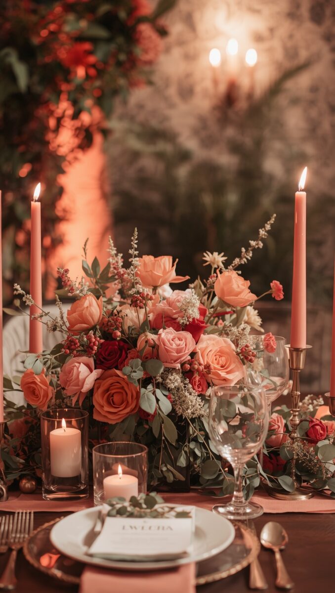 Elegant wedding reception tablescape with peach and red roses, lit pink taper candles, crystal glassware, and place settings