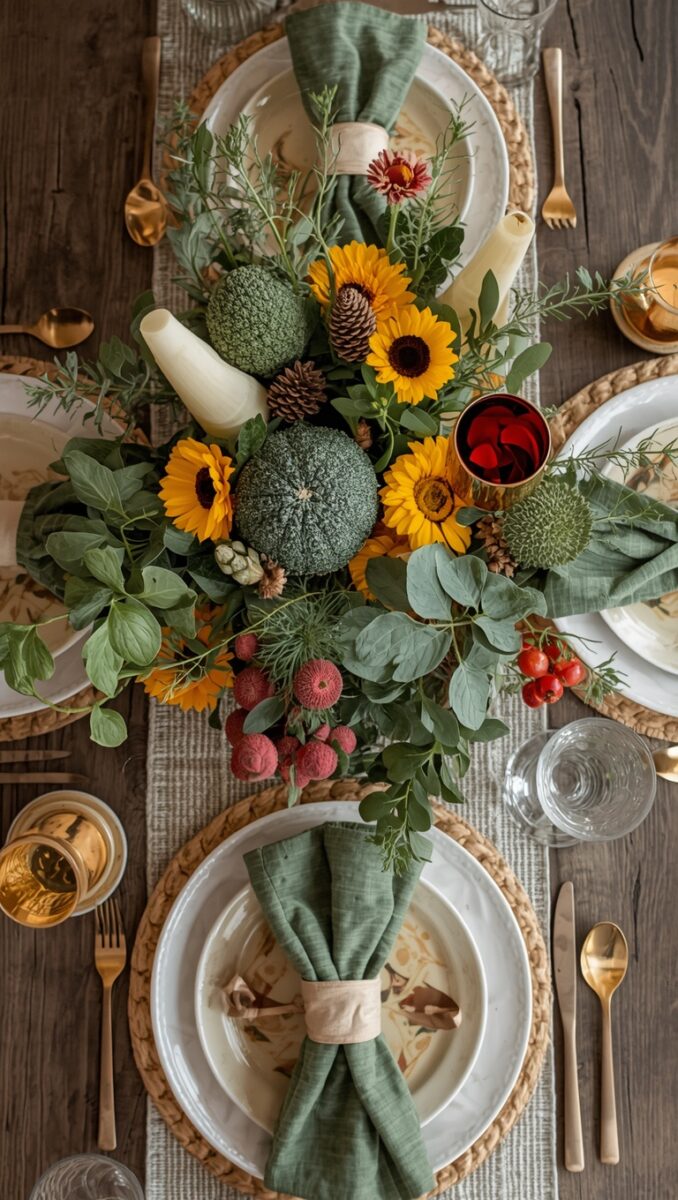 Overhead view of fall tablescape with sunflowers, green pumpkins, eucalyptus, pine cones, gold cutlery, and sage green napkins on rustic wood table