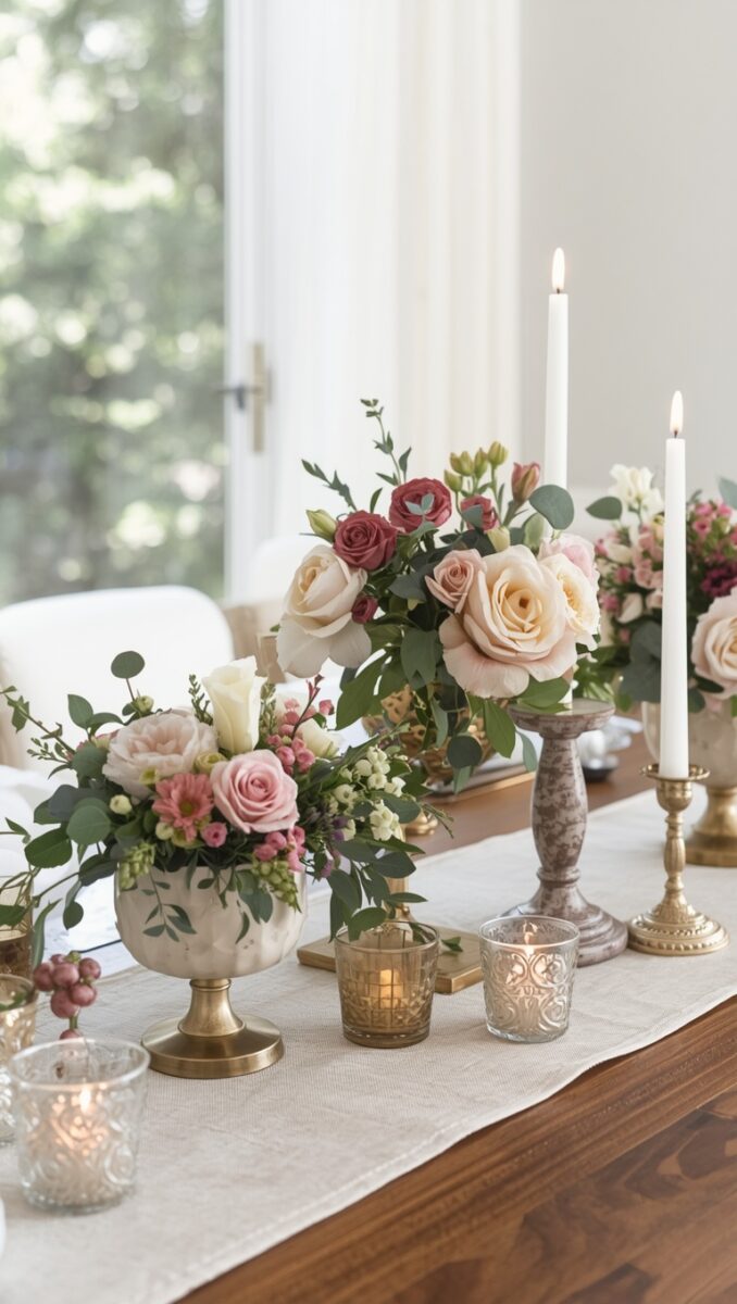 Elegant table centerpiece with cream and pink roses, eucalyptus greenery, lit taper candles, and gold votive holders on linen runner