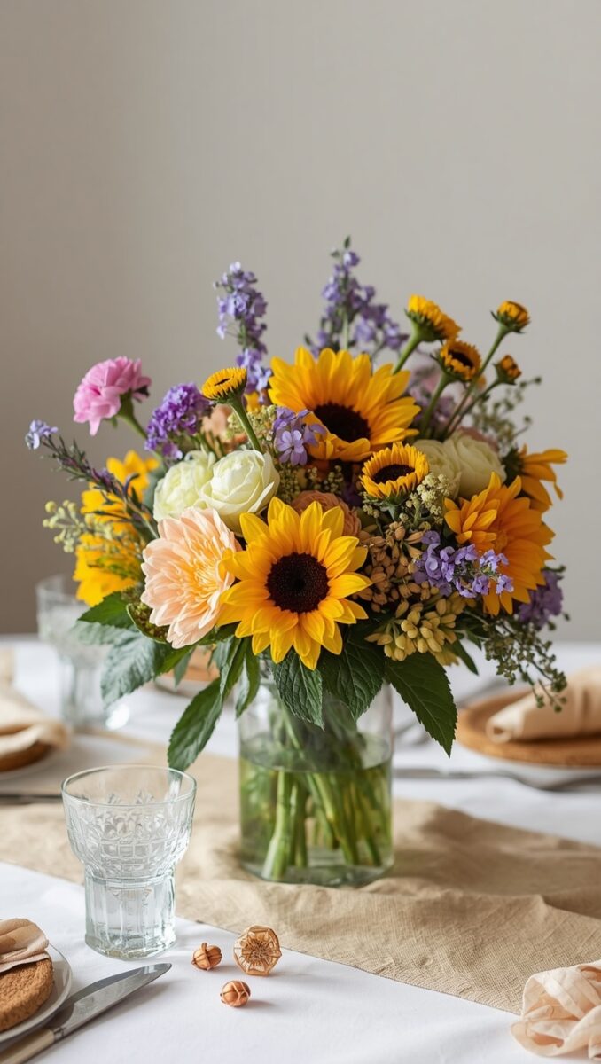 Colorful wildflower bouquet with sunflowers, lavender, pink carnations, and white roses in a clear glass vase on a white table