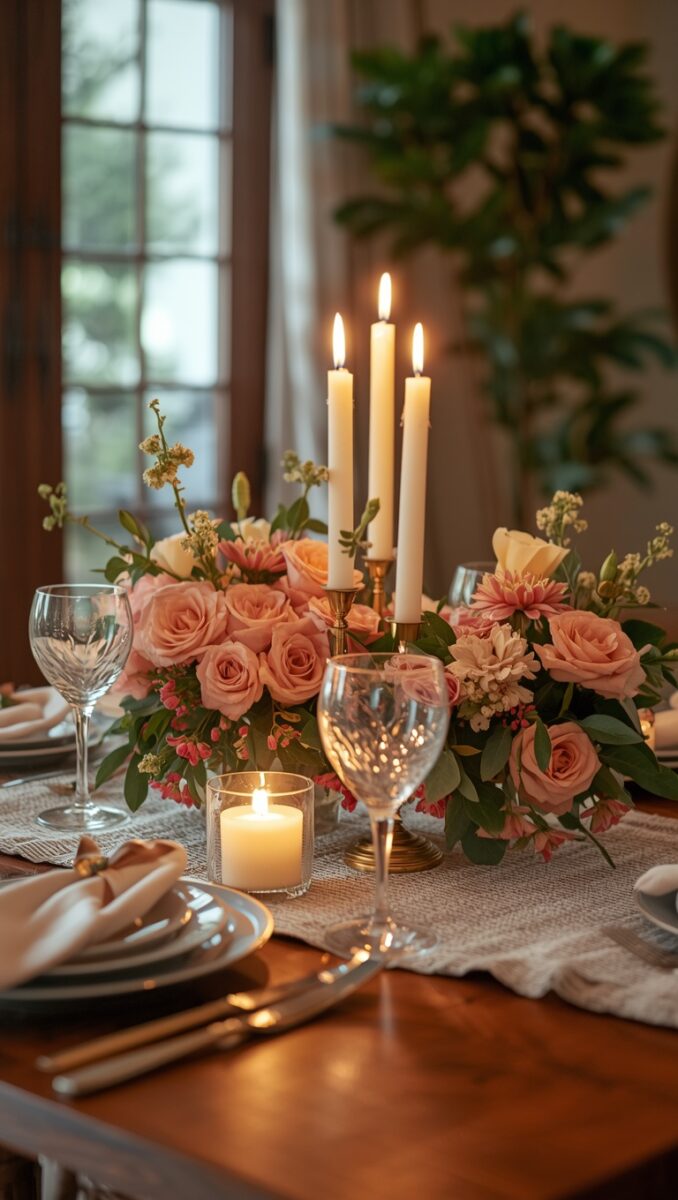 Elegant dining table centerpiece with pink roses, lit taper candles in gold holder, crystal wine glasses, and silk napkins
