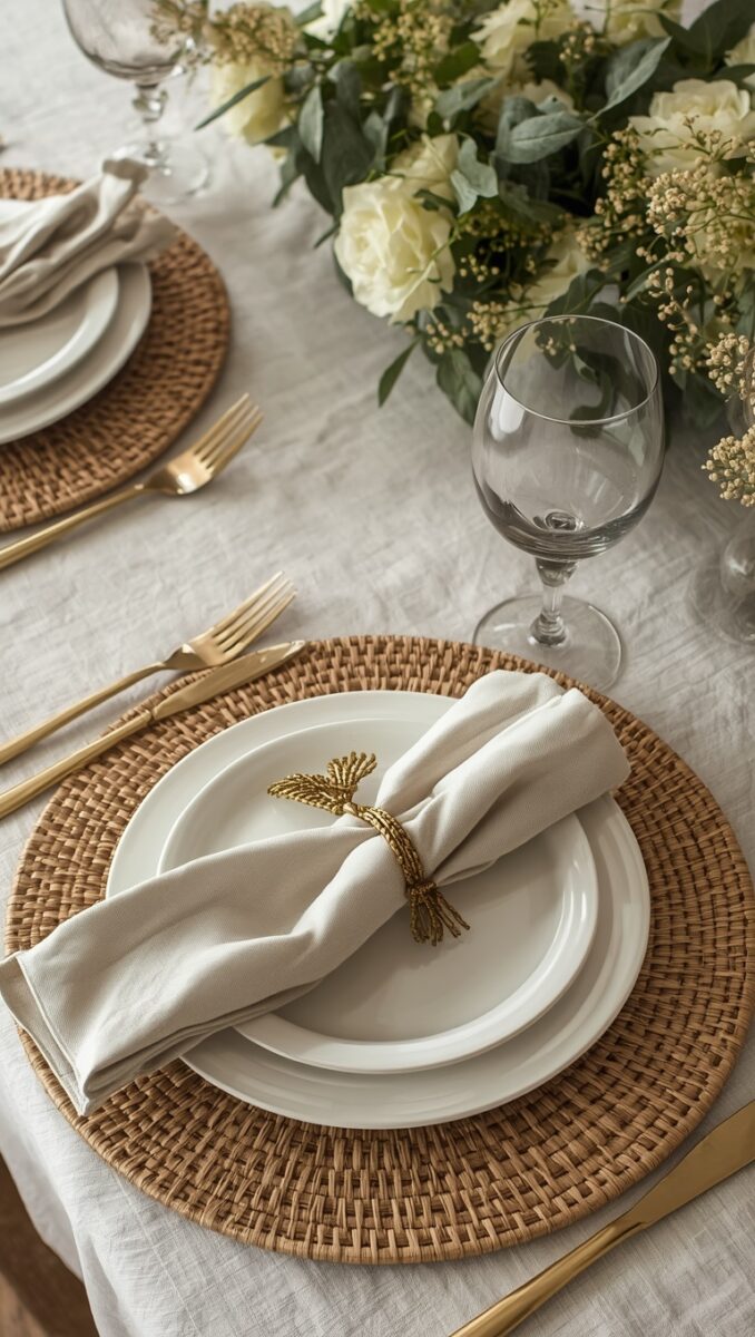 Elegant table setting with woven rattan placemat, white plates, gold cutlery, linen napkin with gold ring, and wine glass