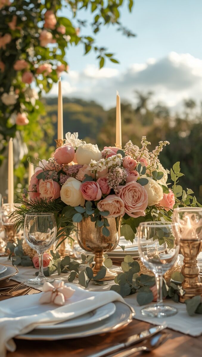 Elegant outdoor wedding reception table with pink and cream rose centerpiece in gold vase, candles, and crystal glassware