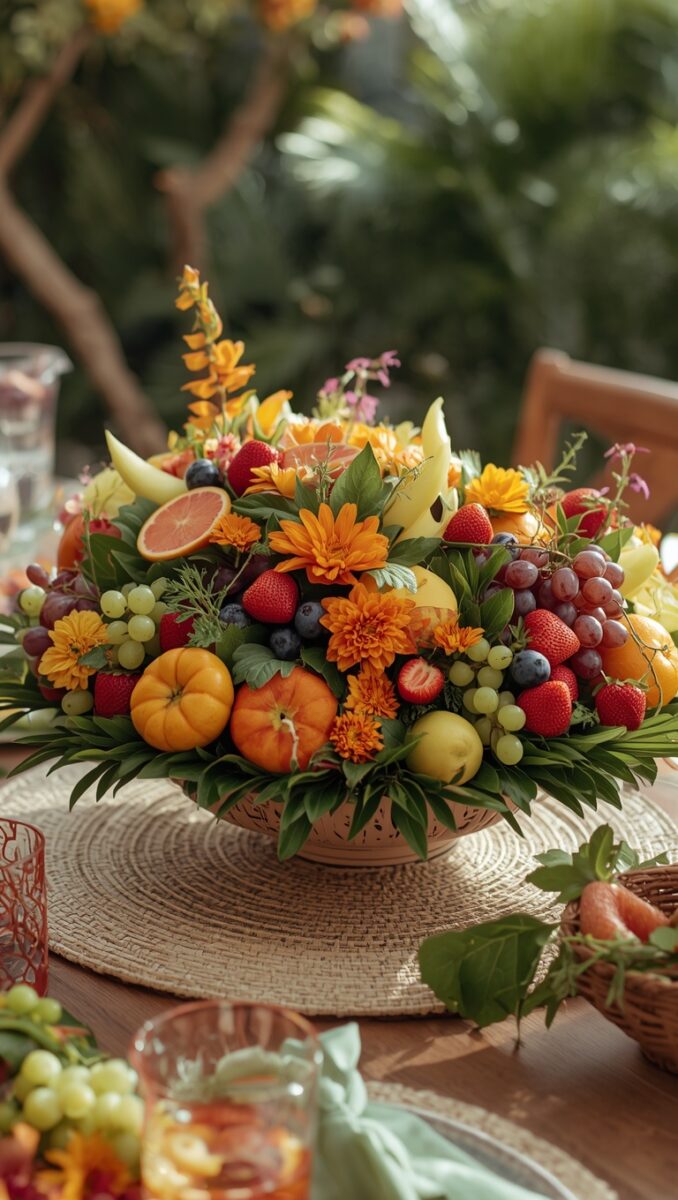 Colorful fruit and flower centerpiece with strawberries, grapes, oranges, blueberries, and chrysanthemums in a ceramic bowl