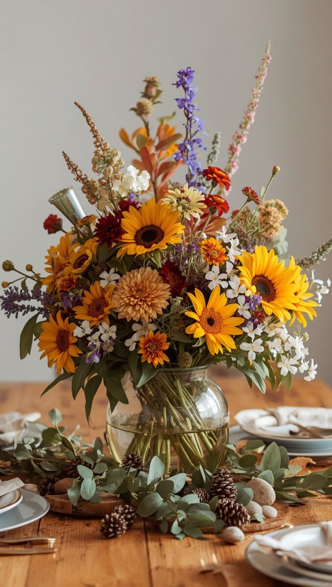 Colorful wildflower bouquet with sunflowers, delphiniums, and chrysanthemums in a glass vase on a wooden table