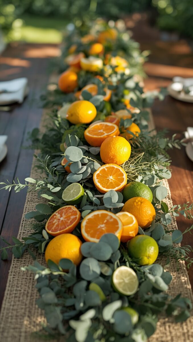 Citrus fruit table runner with oranges, lemons, and limes on eucalyptus garland over burlap on wooden table